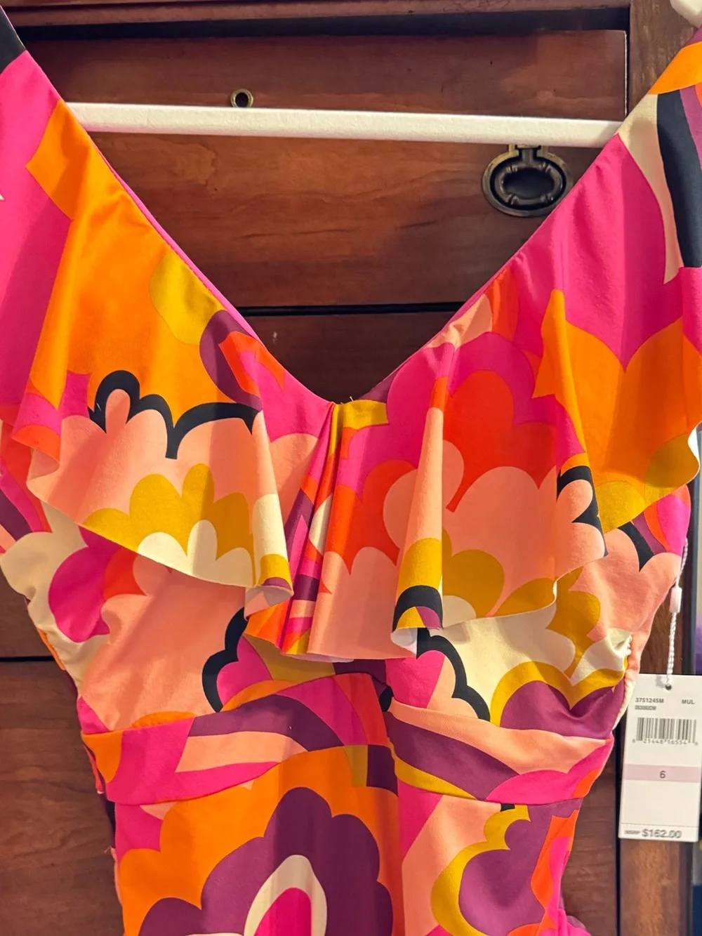 Trina Turk Fan Faire Sz 6 Ruffled Plunge One-Piece Swimsuit Pink Orange  NWT